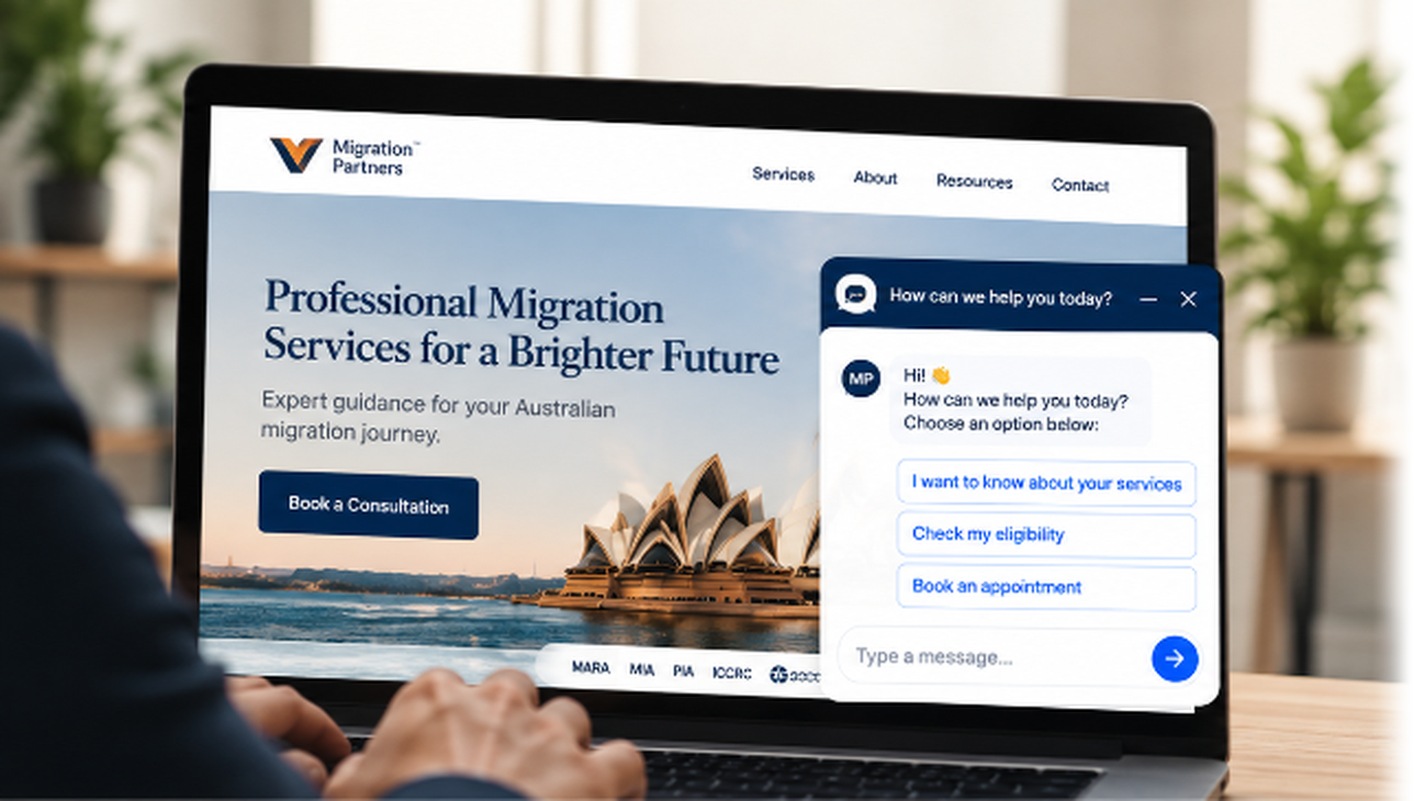 Migration consultant website with LeadBot chatbot on laptop
